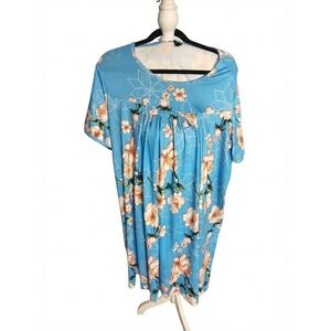 PrinStory‎ Blue Floral Short Sleeve Pleated Empire Waist Tunic Top 3XL